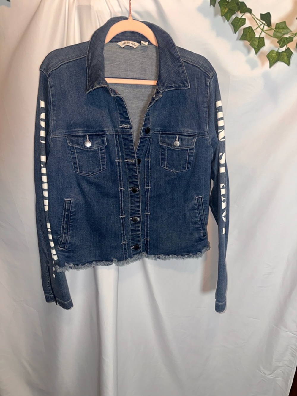 Peace Love World Dark Blue Denim Jacket with White Sleeve Stripes